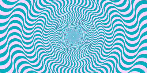 Optical illusion background. Blue and pink abstract distorted wavy lines surface. Radial waves poster design. Trippy sunburst illusion wallpaper. Vector spinning hypnotic illustration