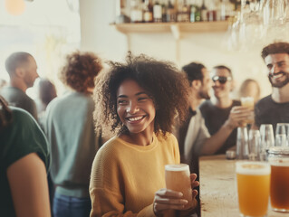 Multiracial group of friends having drinks, wine and cocktails, Happy different young people having fun in restaurant cafe bar. Youth lifestyle and happy hour after work drinks concept