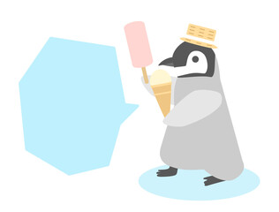 麦わら帽子をかぶりアイスを持ったペンギンのイラスト　吹き出しありバージョン