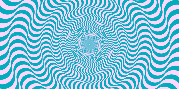 Optical illusion background. Blue and pink abstract distorted wavy lines surface. Radial waves poster design. Trippy sunburst illusion wallpaper. Vector spinning hypnotic illustration