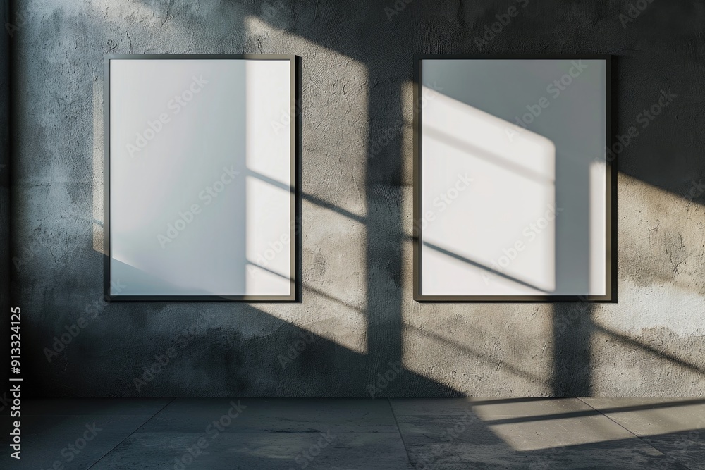 Poster two empty picture frames on a concrete wall, suitable for decoration or as a placeholder
