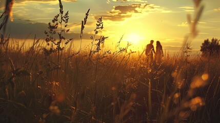 Couple walking hand in hand through golden fields at sunset in a serene landscape