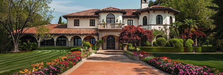 spanish colonial-style house in the spring