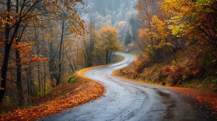 Winding road with a mix of autumn colors in the mountain forest generative ai