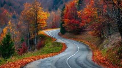 Winding road with a mix of autumn colors in the mountain forest generative ai