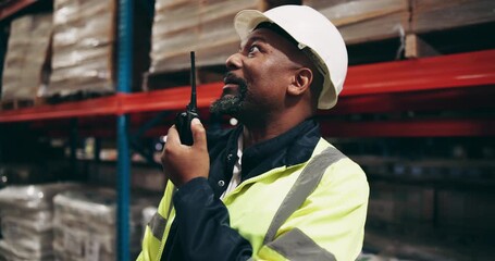 Black man, supplier and communication with radio at warehouse for quality control, logistics or supply chain. African contractor, male person or storage manager talking for maintenance on inventory