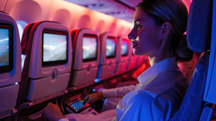 Fototapeta premium Passengers enjoying an in-flight entertainment system as a flight attendant provides a demonstration of the features available.