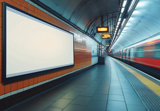 A mockup of an empty white advertisement in the London subway