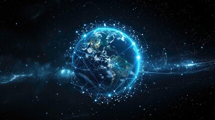 A digital representation of the Earth with a network of glowing lines and dots surrounding it. The Earth is depicted against a black background with stars and a galaxy.