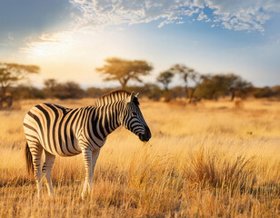 Naklejka premium A cute zebra standing on yellow grass while grazing on sunny day in savanna 