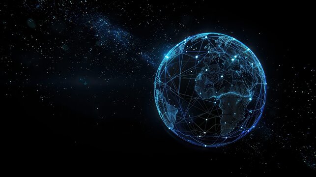 A glowing blue and white wireframe Earth with lines connecting cities on a black background with scattered white dots, possibly representing stars.