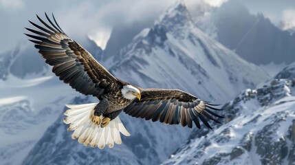 Obraz premium Bald Eagle Soaring Over Snowy Mountains