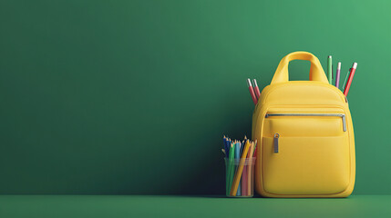 3D render of a yellow backpack with school supplies on a green background