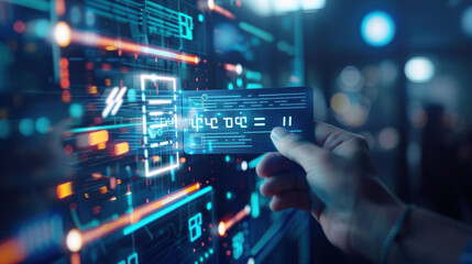 Person verifying a secure online payment with a credit card on a digital interface, fintech, internet banking, verification tick symbol