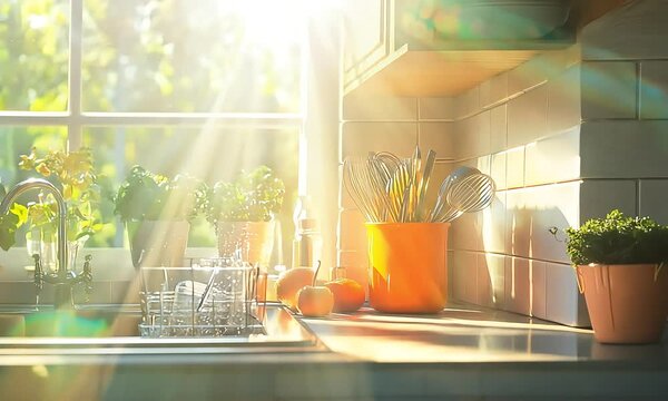 Sunny Kitchen with Herbs and Utensils with ai generated.
