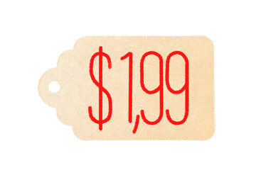 Kraft paper price tag for $1.99 handwritten. Peso sign, dollar sign. Shopping concept.