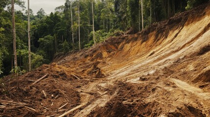 Fototapeta premium Heavy machinery clears dense forest, leaving a scarred landscape marked by uprooted trees and bare earth under a tropical sky.