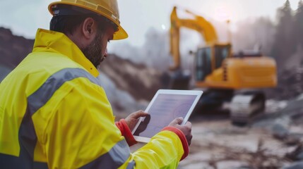 Obraz premium Construction worker using tablet in front of an excavator