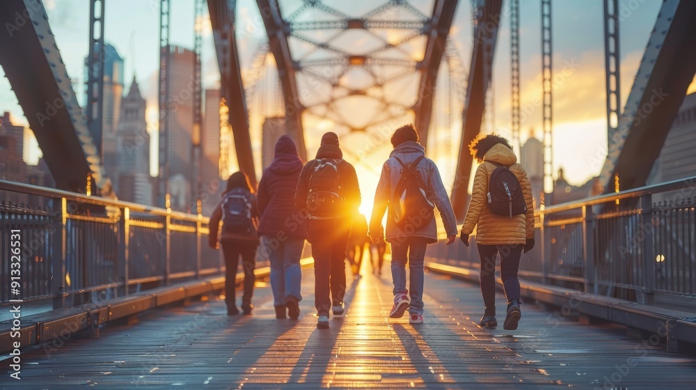 Wall mural People Walking on a Bridge at Sunset