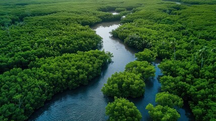 Aerial View of a Winding River Through a Lush Mangrove Forest