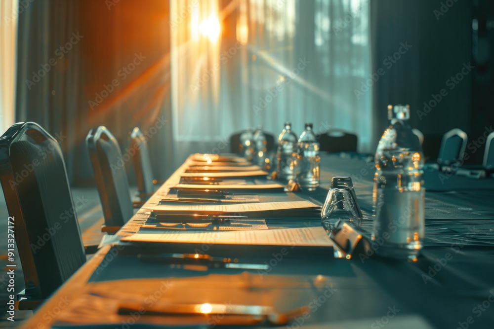 Poster a long table set with place settings and silverware, perfect for formal events or special occasions