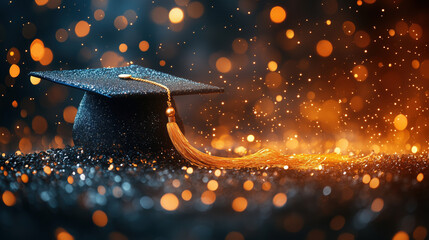 Gold Graduate cap, mortarboard with bokeh confetti. confetti Graduation balloon hat party background celebrate college university student celebration gold mortarboard