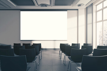 A photo of a large meeting room with white chairs and a black table, a big screen on the wall, grey-blue walls, a modern interior design