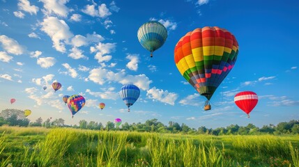 Fototapeta premium Colorful Hot Air Balloons Soaring Over a Green Field and Blue Sky with White Clouds