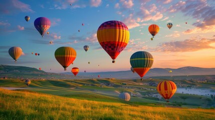 Obraz premium Colorful Hot Air Balloons Soaring Over Rolling Hills at Sunrise