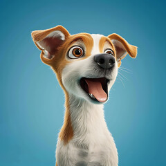 1. Dog 3D cartoon isolated on blue background with captivating eyes and a charming smile cheerful and youthful mood DSLR settings medium aperture for sharp focus ISO 400 
