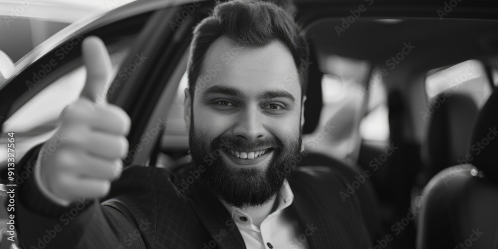 Poster a person giving a thumbs up from inside a car, suitable for use in travel or automotive related cont