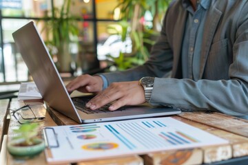 A businessman analyzing market trends on a laptop, staying informed and proactive in business strategy