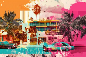 Trendy photo collage art of a tropical city with vibrant night markets and dynamic graphic patterns, created by ai