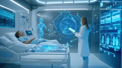Futuristic hospital room with patient and doctor. The doctor is using an AI-powered tool to analyze the patients medical data and provide personalized treatment plan. ai technology healthcare concept