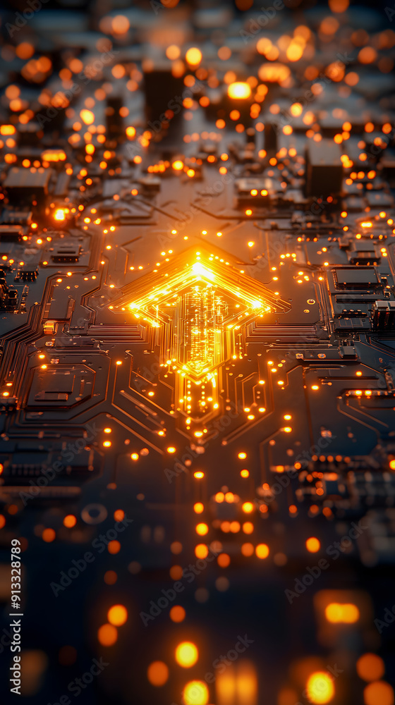 Poster futuristic glowing circuit board motherboard with illuminated electronic components creating an abst