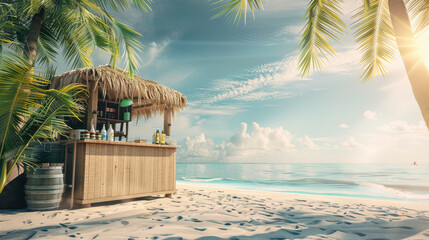 Product display stand on a sunny beach with palm trees and sea.