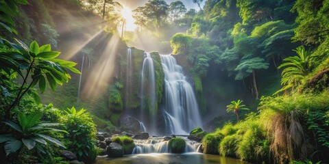 Hidden waterfall in lush jungle, sunlight filtering through dense foliage, illuminating mist rising from falls , waterfall