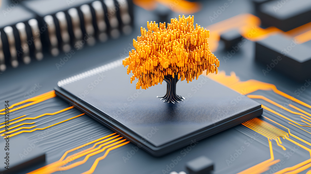 Poster closeup view of a complex electronic circuit board featuring microchips integrated circuits and an i