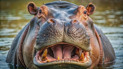 Fototapeta premium Close-up of a hippopotamus showing its large mouth, tusks, facial features, and rugged skin texture