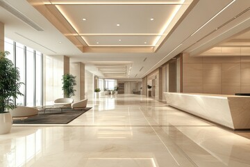 Fototapeta premium Empty lobby with modern design. This photo can be used to represent a luxury hotel, business building, or other public space.