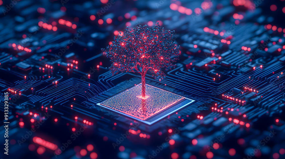 Poster futuristic glowing digital circuit board abstract background with shimmering red and blue lights spa