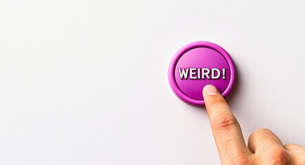 Finger pushing a vibrant purple 'WEIRD!' button on a clean white backdrop with ample copy space for personalization or text. 