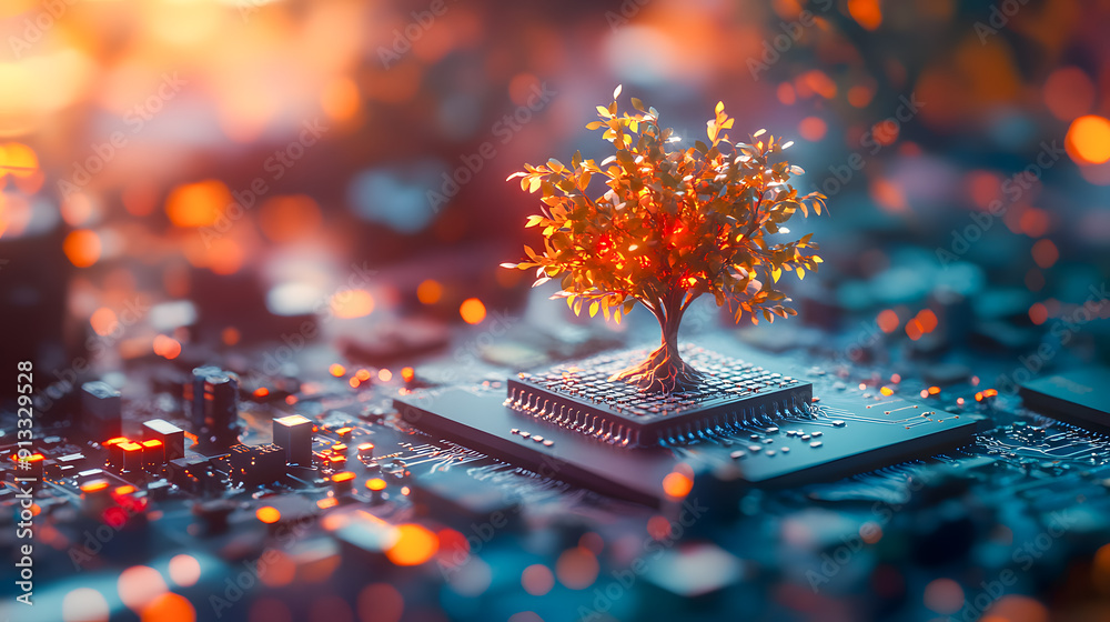 Poster glowing microprocessor circuit board with a tree like structure blooming with technological growth r