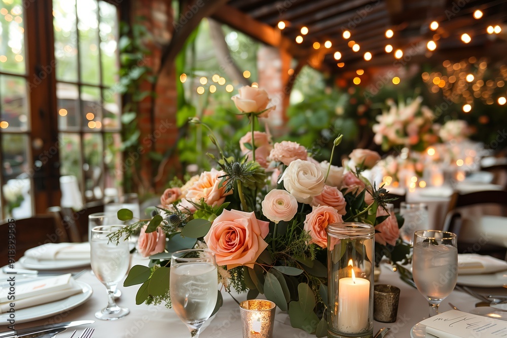 Wall mural elegant floral centerpiece at a romantic evening event in a cozy venue