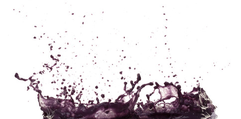 Grape acai purple Juice pouring and splash as crown water. Grape acai purple Juice explode bubble splash in mid air. Purple liquid element water. White background isolated photography