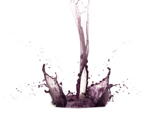 Grape acai purple Juice pouring and splash as crown water. Grape acai purple Juice explode bubble splash in mid air. Purple liquid element water. White background isolated photography