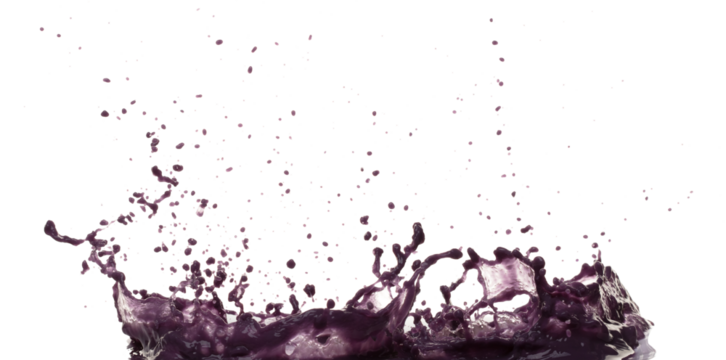Grape acai purple Juice pouring and splash as crown water. Grape acai purple Juice explode bubble splash in mid air. Purple liquid element water. White background isolated photography