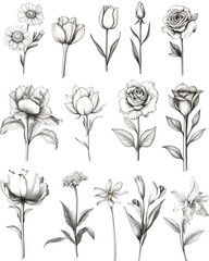Refined Floral Collection with Diverse Blooms on Plain Background