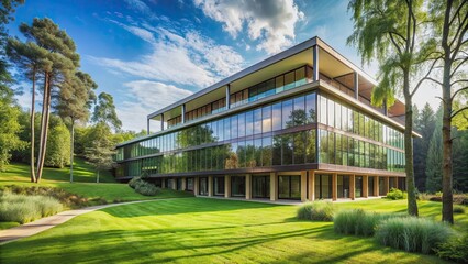 Building integrated with nature, surrounded by trees and grass, greenery, architecture, eco-friendly, sustainability