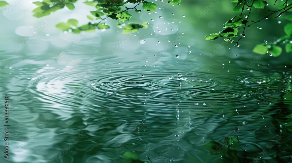 Poster raindrops falling and creating ripples on a green water surface
